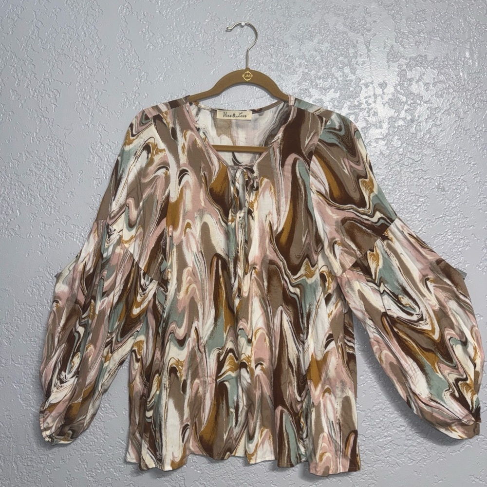 Vine & Love Women Balloon Long Sleeve multicolor marbled Swirl Blouse Size Large